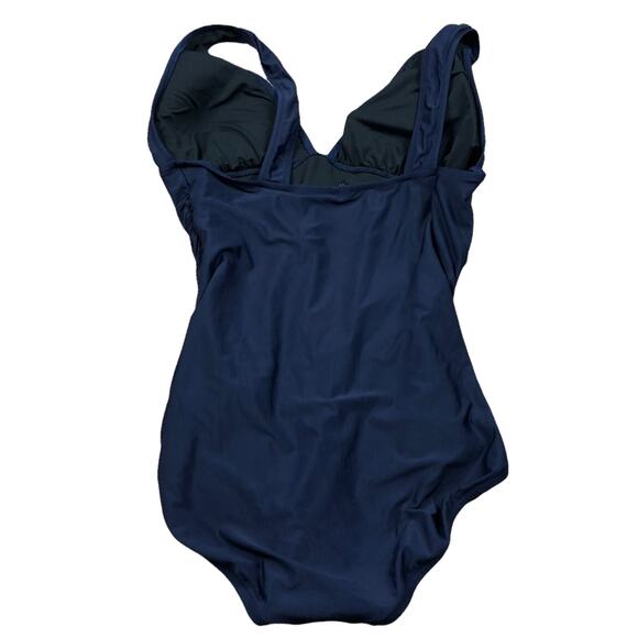 J CREW Navy Blue One Piece Slimming Swimsuit Ruched Sides Women's Beach Pool - Picture 2 of 5
